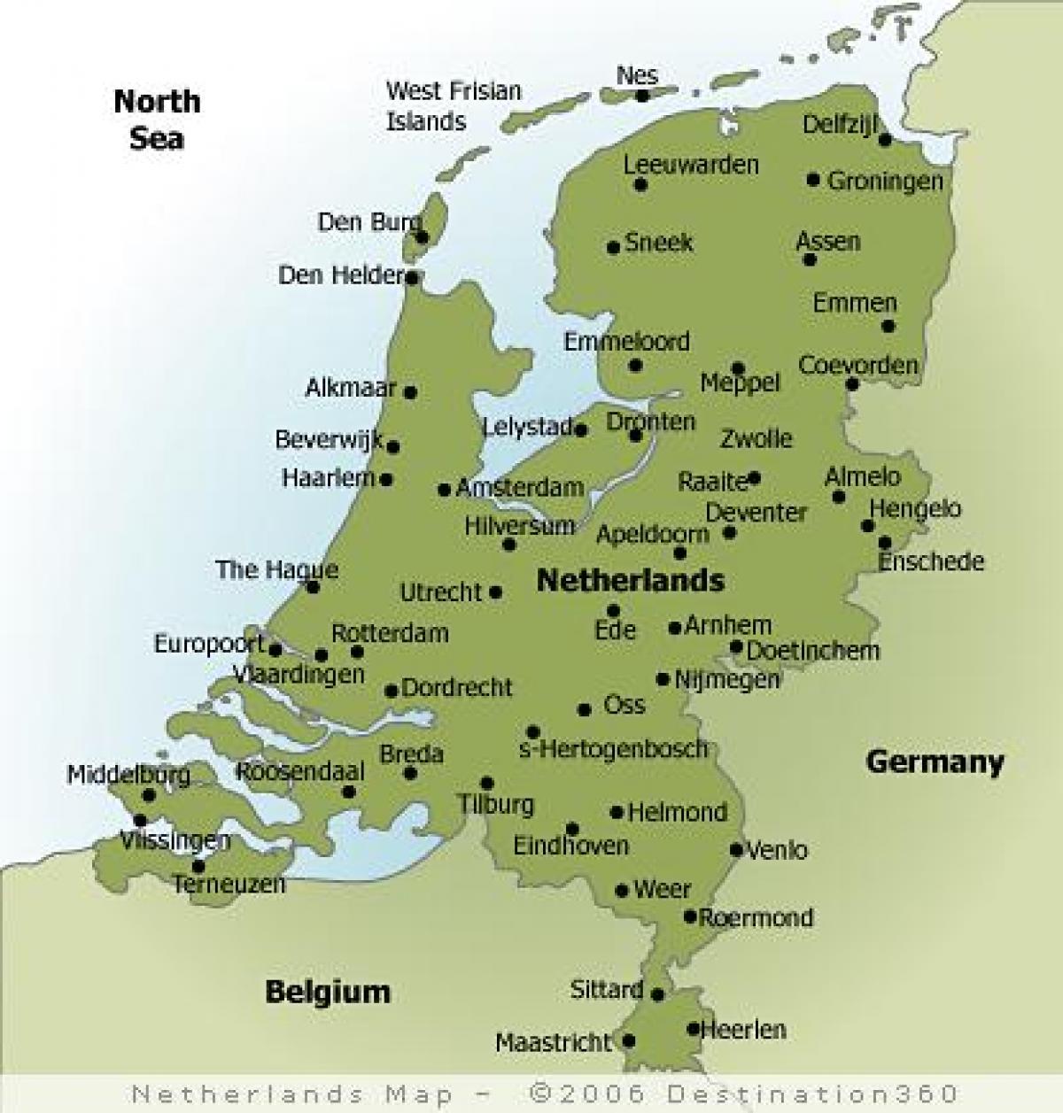 Städer i Holland karta - Karta över Holland städer (Västra Europa - Europa)